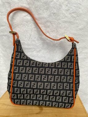 Fendi Mini Monogram Shoulder Bag in Navy Blue and Orange Leather Trim